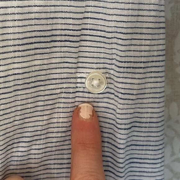 Blue, White Striped Cotton Button Down Lightweight Shirt Roll Tab Sleeves, 1X - Picture 7 of 13